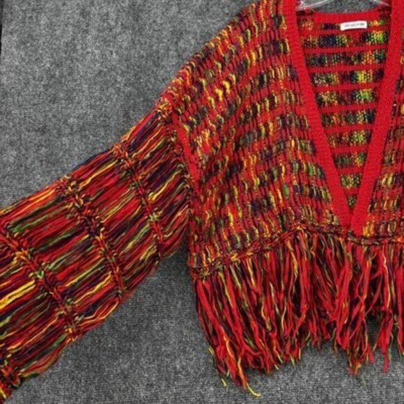Red Rainbow Fringe Cropped Cardigan Sweater Womens Medium Boho Hippie - Picture 8 of 11